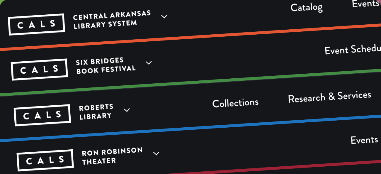 Site headers for Central Arkansas Library System, Six Bridges Book Festival, Roberts Library, and Ron Robinson Theater