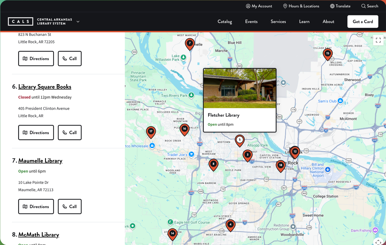 CALS branch directory with list and map views