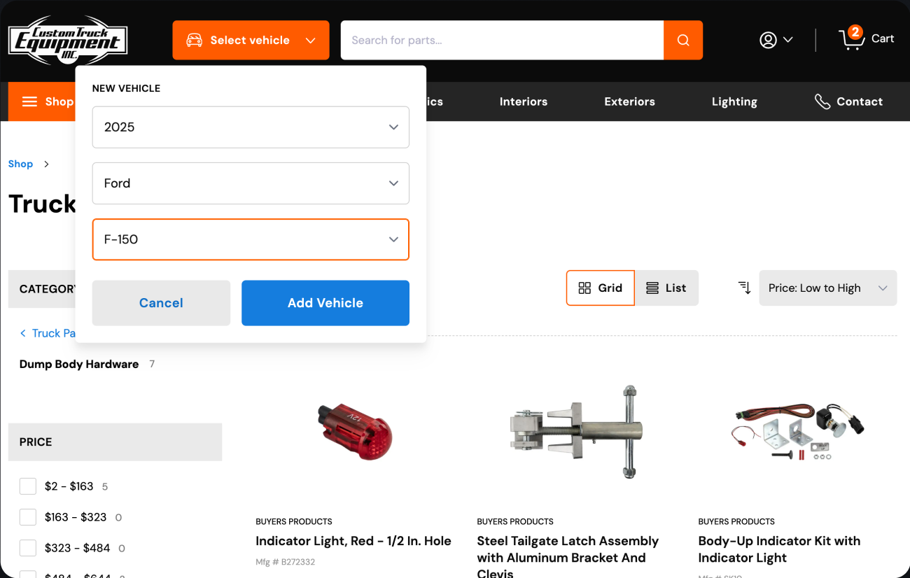 Vehicle selector on a Custom Truck Equipment product listing