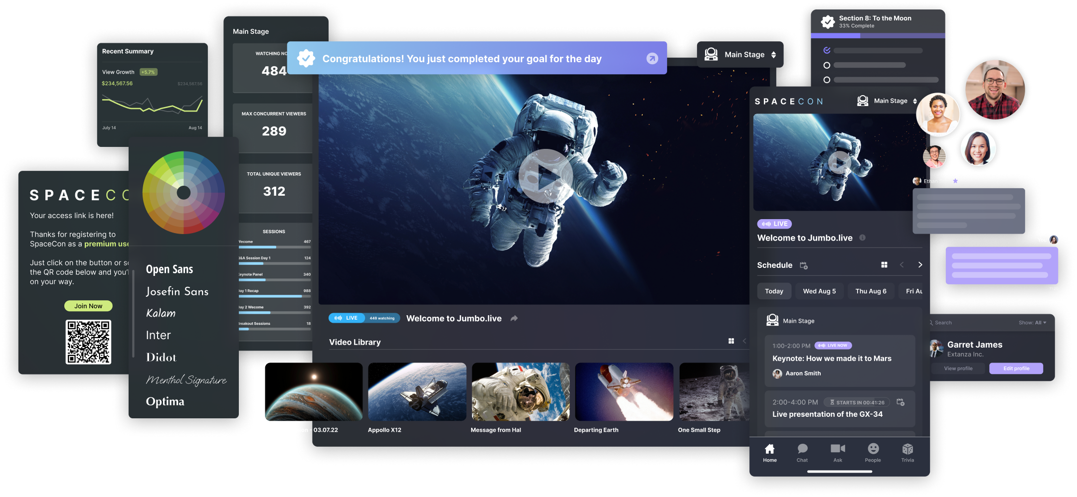 Jumbo virtual events platform: live stage, schedule, video library, chat, and real-time analytics