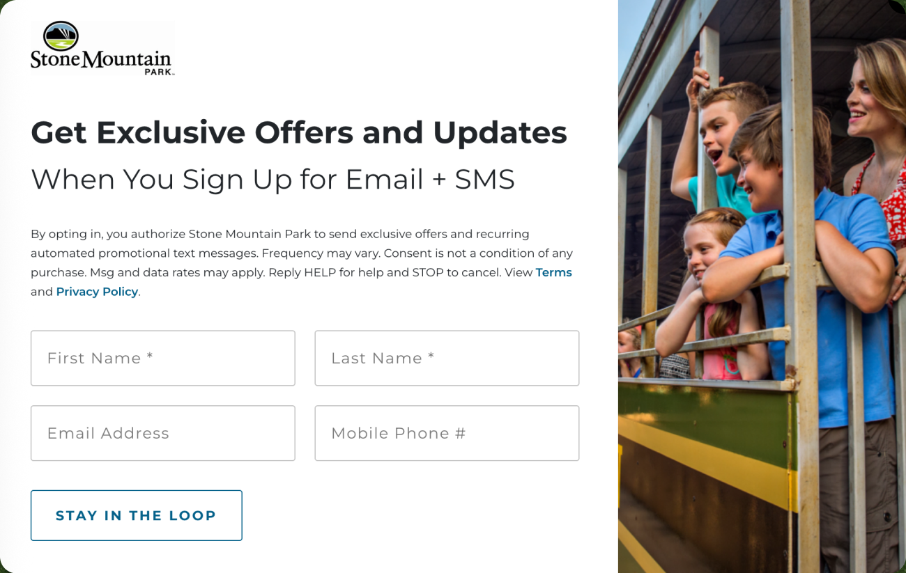 Stone Mountain Park email and SMS signup form